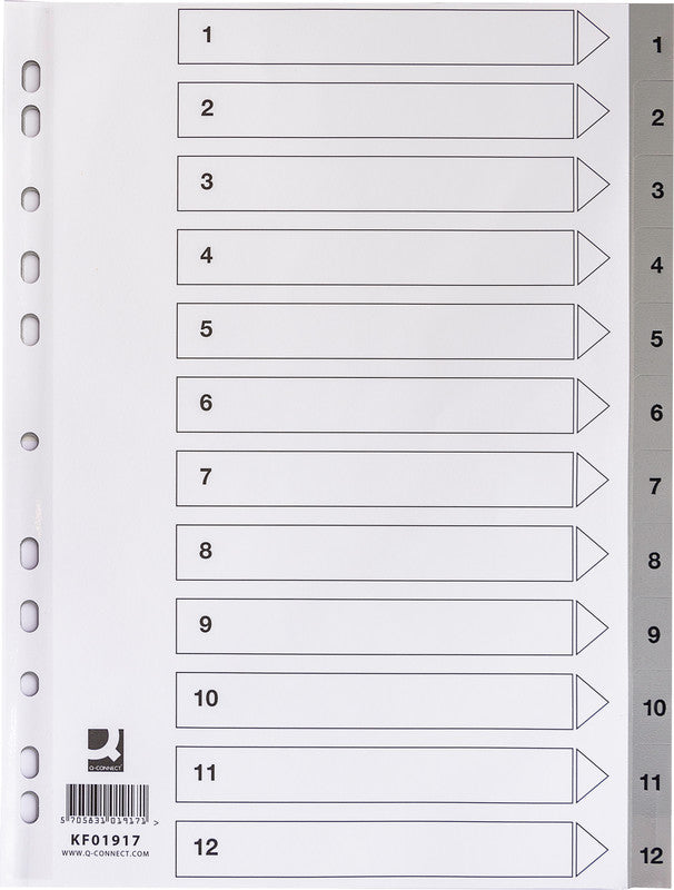 Q-Connect Register – A4, 12-teilig, Kunststoff, Grau, vorgedruckt, 11-fach Lochung