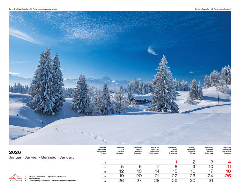 Calendaria Bildkalender Schweiz 2026 – 40 × 31 cm – mit Aufhänger