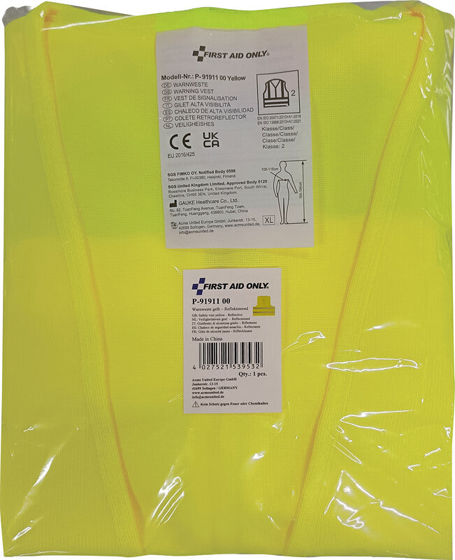 First Aid Only – Sicherheitsweste, Klasse 2 – Gelb, XL, Klettverschluss, EN ISO 20471, ISO 13688
