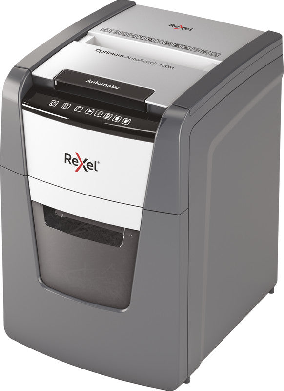 Rexel Optimum AutoFeed+ 100M – Aktenvernichter mit Autofeed 100 Blatt, DIN P-5, Mikroschnitt 2 × 15 mm, 34 l