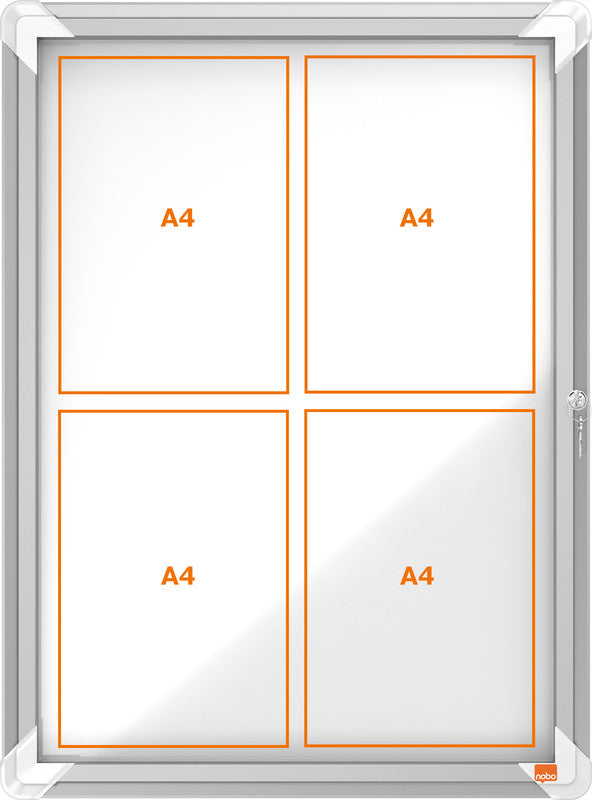 Nobo Schaukasten, 4 × A4 – Aluminium, Sicherheitsglas, abschliessbar, Aussenbereich, 49,4 × 66,8 × 4,3 cm