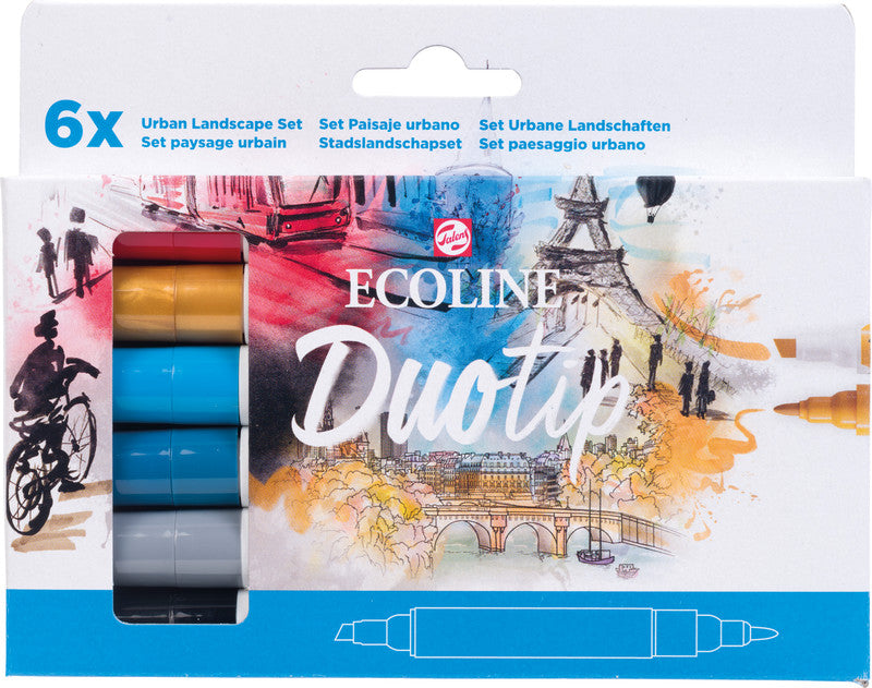 Ecoline Brush Pen Duotip – Keilspitze 6 mm, Rundspitze 1-2 mm – sortiert – 6er-Set – wasservermalbar