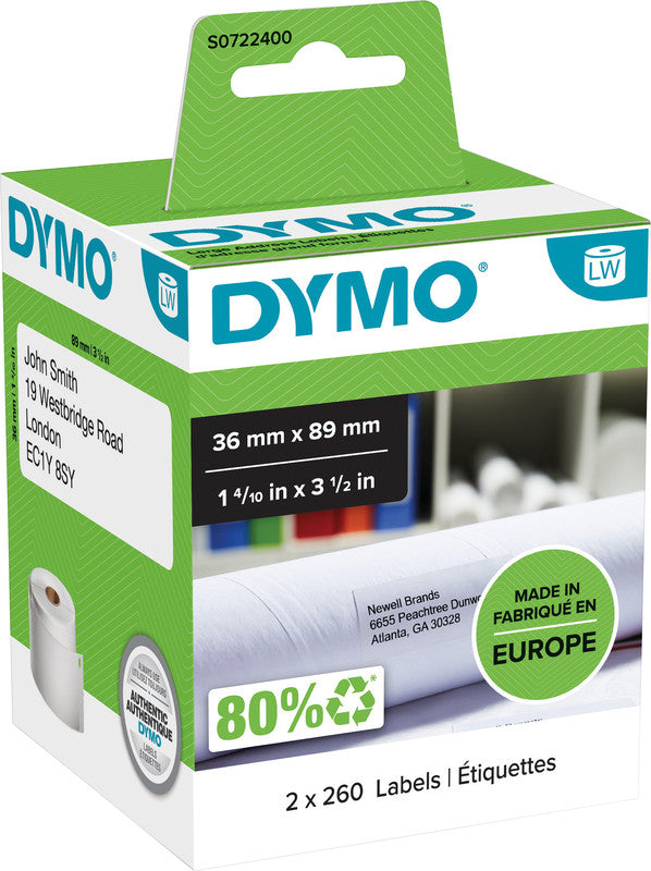 DYMO Adress-Etiketten, 89 mm × 36 mm, für LabelWriter 310, 320, Turbo 330 und andere, 520 Etiketten (2 × 260)