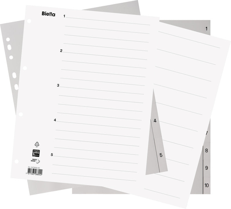 Biella Register – A4 überbreit, 10-teilig, PP, grau, vorgedruckt, mit Indexblatt, 11-fach Lochung