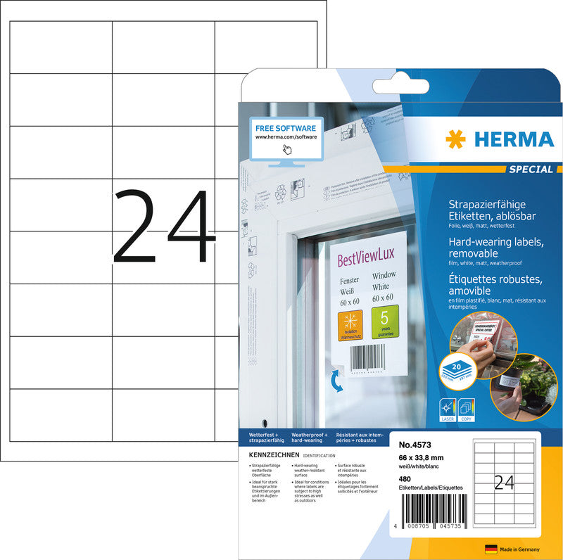 HERMA Folienetiketten, 66 mm × 33,8 mm, weiss, Folie, extra stark, Packung 20 Blatt (480 Etiketten)
