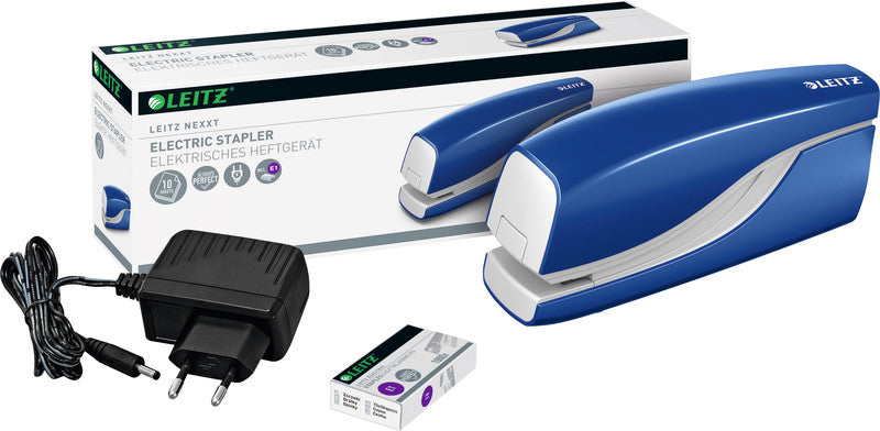 Leitz NeXXt 5532 – Elektrischer Hefter, geschlossene Heftung, Springfachmechanik, Einlegetiefe 10 mm, Blau