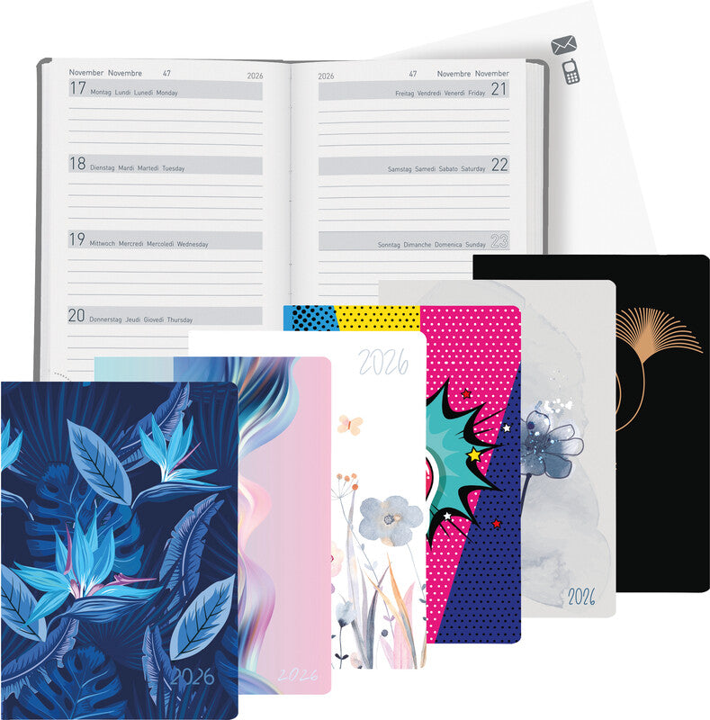 Biella Memento Trend Agenda – 1 Woche/2 Seiten, gebunden, 10,1 × 14,2 cm, 2027, Geometrisch, FSC