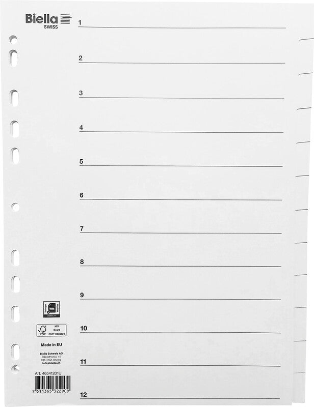 Biella Register – Vollformat, 12-teilig, Karton, weiss, unbedruckt, 11-fach Lochung, für A4 hoch