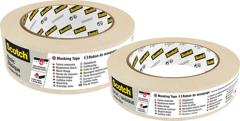 3M Krepp-Abdeckband – 24 mm × 50 m, beige, für raue Oberflächen, rückstandsfrei bis 1 Tag