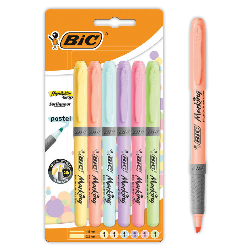 BIC Pastell Textmarker – 6er Set, Farben: Hellblau/Hellgrün/Hellorange …, Keilspitze 1,6–3,3 mm