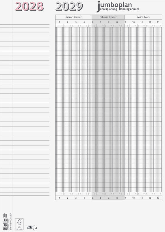 Biella Personal- & Ferienplaner – zweisprachig Deutsch/Französisch – 2028 – 1 Jahr pro Blatt, ausziehbar – 64,5 × 29,7 cm – 2er-Pack