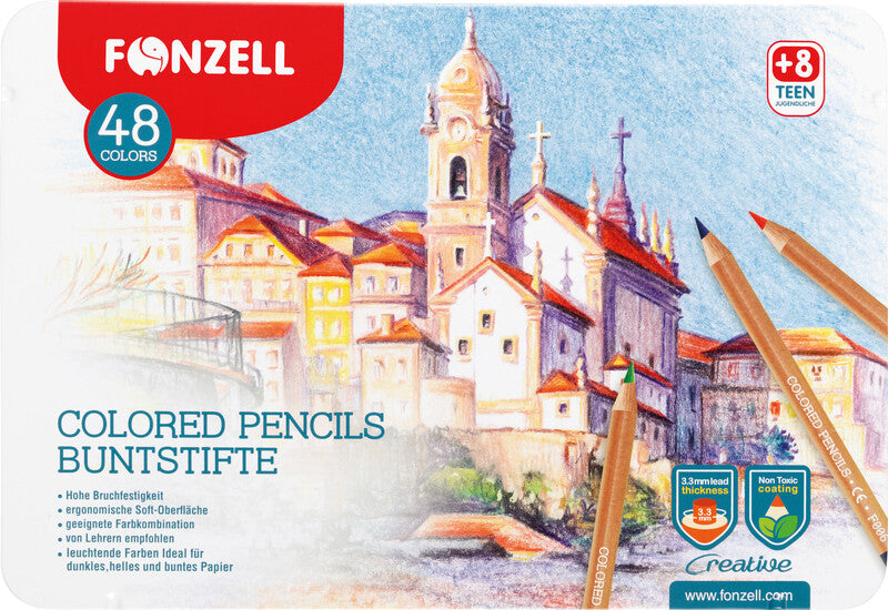 Fonzell Creative Farbstifte-Set – 48 Farben, rund, Mine Ø 3,3 mm, Metallschachtel