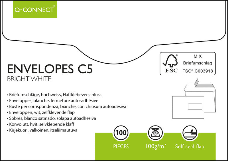 Q-CONNECT Couvert C5, Fenster rechts, Haftklebung, weiss, 100 g/m², mit Innendruck – 100 Stk.