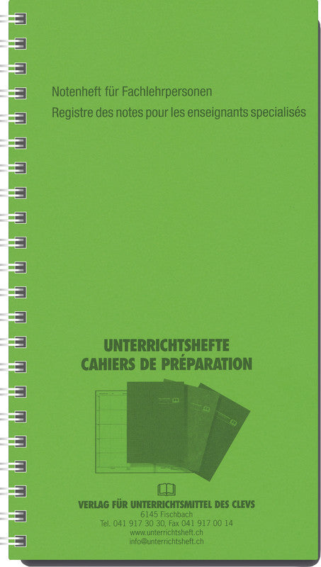 Verlag für unterrichtsm. Schulnotenbuch, 105 × 190 mm, Spiralbindung, Karton, 100 g/m² – Hellgrün