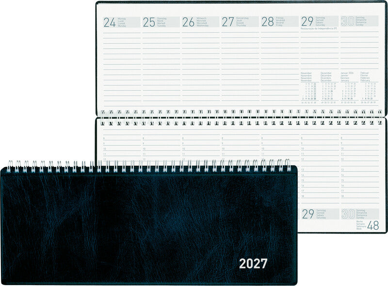 Biella Agenda – 1 Woche/2 Seiten, Spiralbindung, 29,8 × 11,7 cm, 2027, mehrsprachig, Dunkelblau, FSC