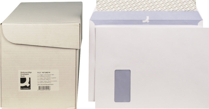 Q-connect Couvert C4 (324 × 229 mm), mit Fenster, selbstklebend, weiss, 120 g/m², Papier – 250 Stk.