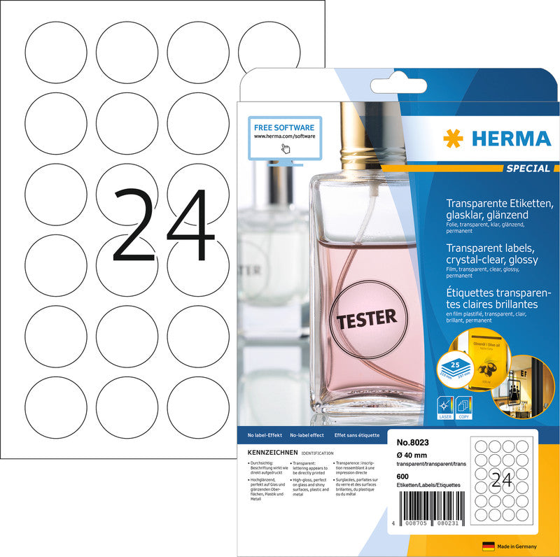 HERMA Druckeretiketten, Ø 40 mm (A4), transparent, Folie, permanent, 25 Blatt (600 Etiketten)