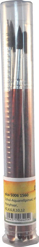 Elco pinsel Elco Aquarellpinsel – braun, Ponyhaar, 6er-Pack, Aluminiumzwinge, runde Spitze