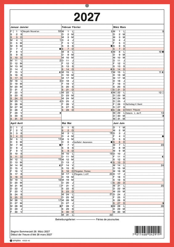 Simplex Tafelkalender – 6 Monate pro Seite – zweisprachig Deutsch/Französisch – 2027 – zweiseitig – A4