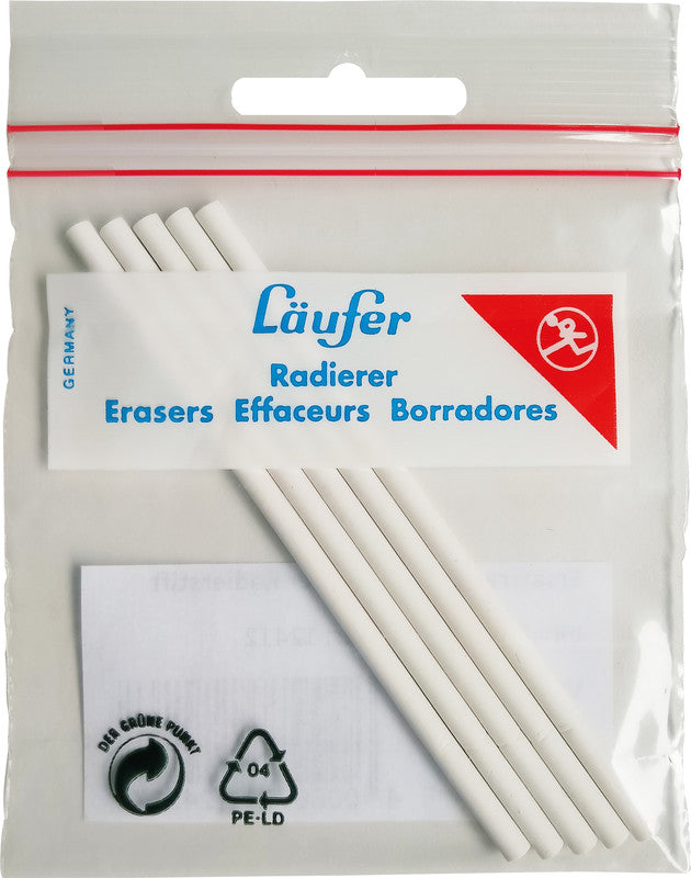 Laufer Läufer Ersatzradierer – für Bleistifte – 5er-Pack – Kunststoff – weiss – 4 × 100 × 4 mm