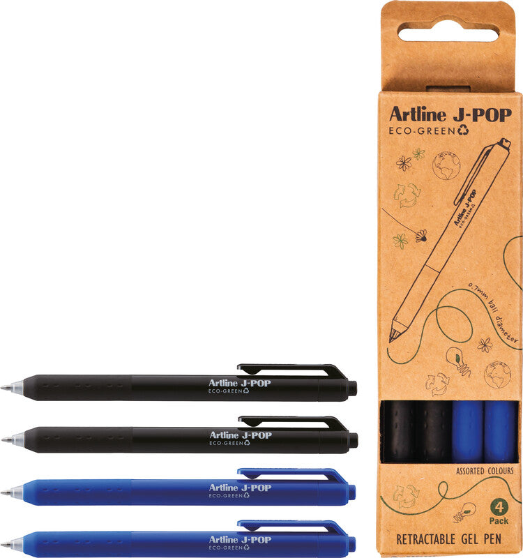 Artline J-Pop Eco-Green – Tintenroller-Set, Druckmechanik, 0,7 mm, Schwarz/Blau, 4er Etui