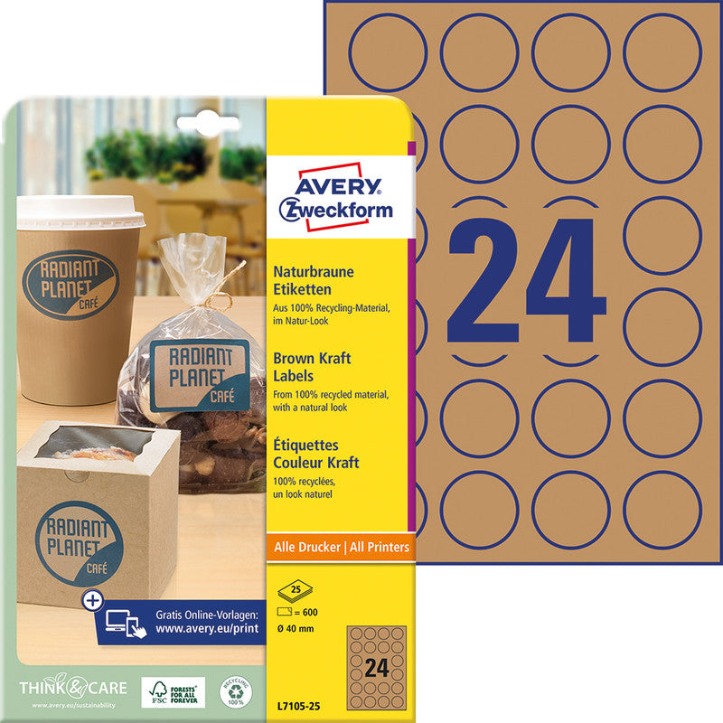 Avery Druckeretiketten, Ø 40 mm, braun, Kraftpapier, permanent, 25 Blatt (600 Etiketten)