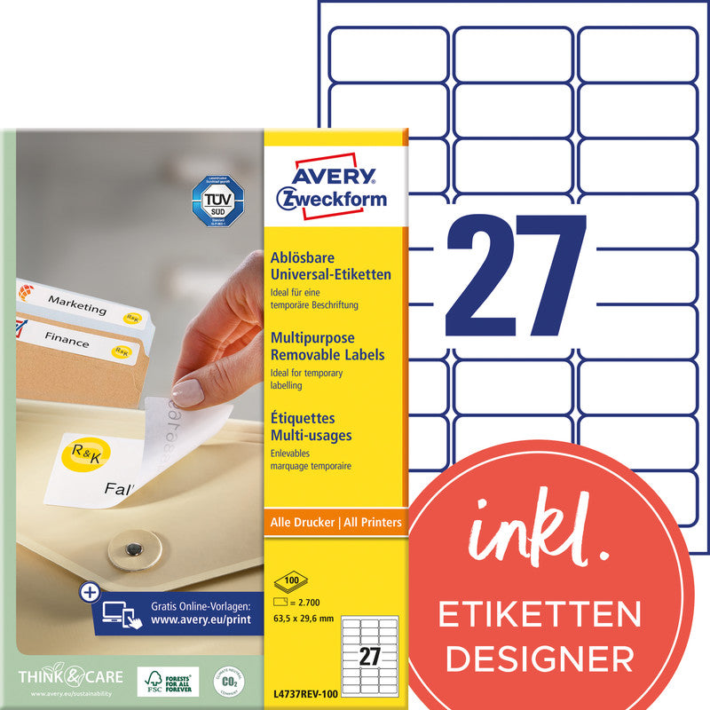 Avery Drucketiketten, 64 mm × 30 mm, weiss, Papier, wiederablösbar, 100 Blätter (2700 Etiketten)