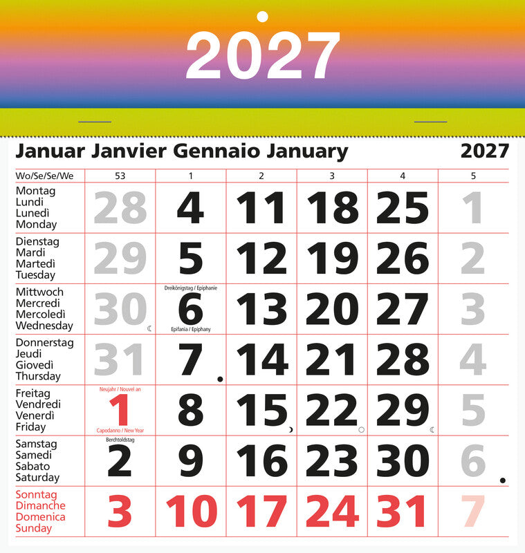 Biella Abreisskalender Monat Block 15 – viersprachig D/F/I/GB – 2027 – 16,7 × 19,8 cm