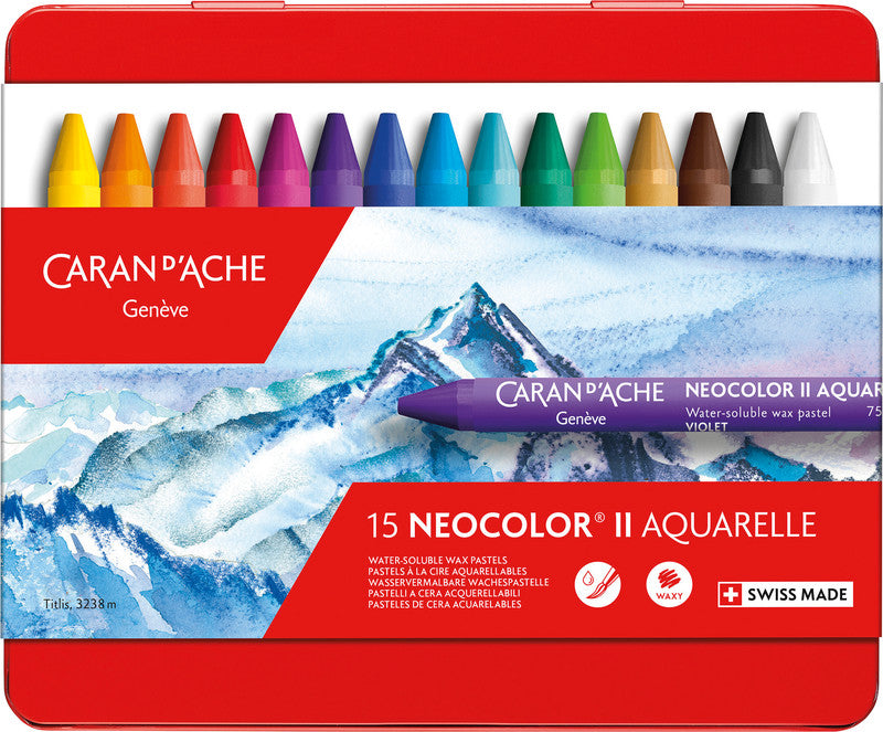 Caran d-Ache Caran d'Ache Neocolor II Aquarellfarbstifte-Set – 15 Farben, Mine Ø 8,6 mm, Metallschachtel