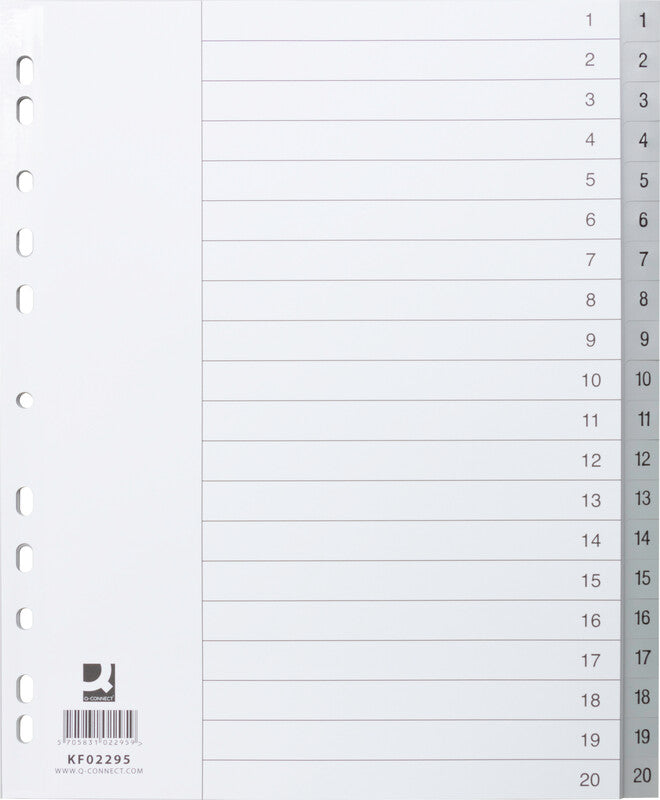 Q-connect Register – A4 überbreit, 20-teilig, PP, grau, vorgedruckt, 11-fach Lochung, mit Indexblatt