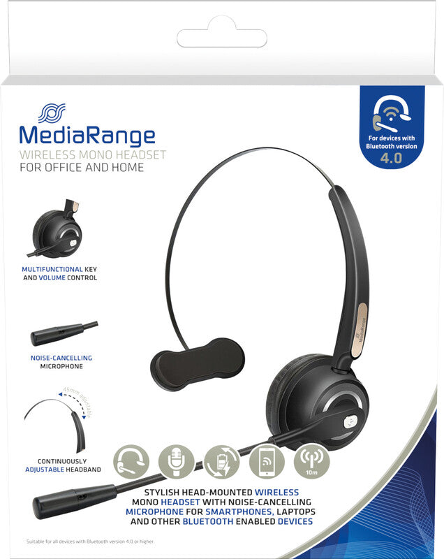 MediaRange MROS305 – Mono Headset – Bluetooth, Mikrofon mit Rauschunterdrückung – Schwarz – bis 12 h