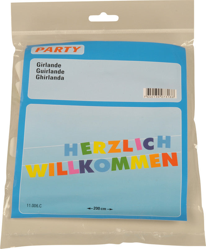 Party Girlande aus Karton, mehrfarbig, Motiv 'Herzlich Willkommen', 2000 mm