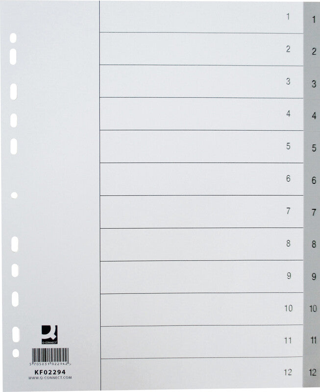 Q-connect Register – A4 überbreit, 12-teilig, PP, grau, 11-fach gelocht, für Zeigebuchtaschen