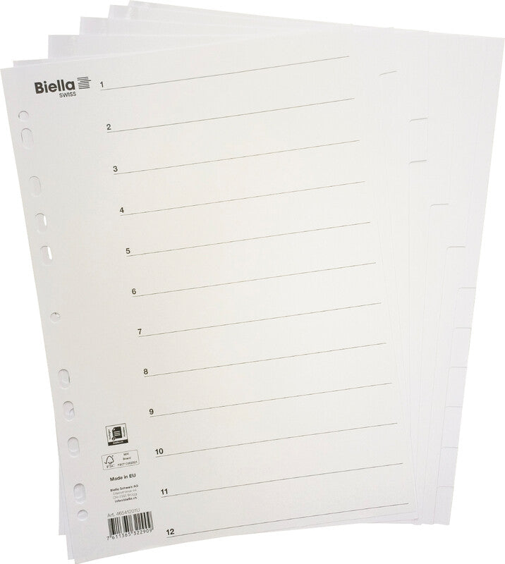 Biella Register – Vollformat, 12-teilig, Karton, weiss, unbedruckt, 11-fach Lochung, für A4 hoch