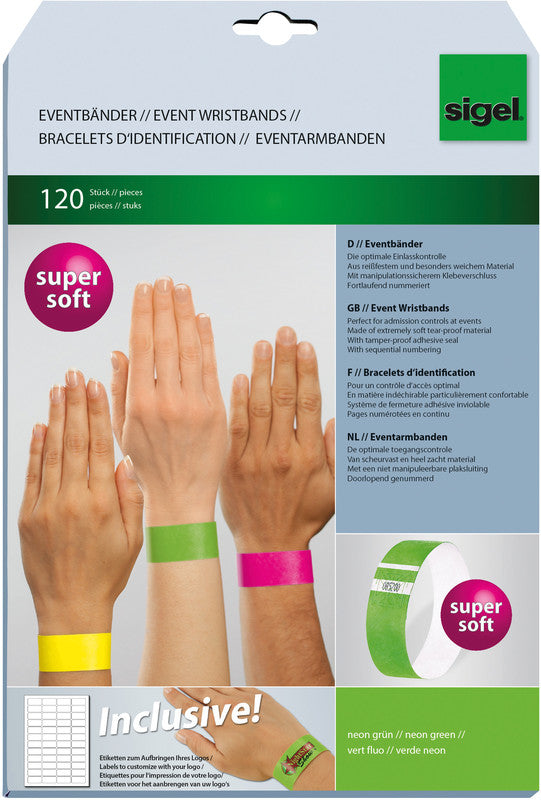 Sigel Event-Armband – 25 × 255 mm, Neongrün, Kunststoff, fortlaufend nummeriert – 120 Stk