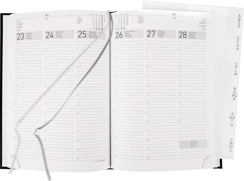 Biella Terminia Agenda – 1 Woche/2 Seiten, gebunden, 14,5 × 20,5 cm, 2027, 1‑h‑Takt, schwarz, FSC