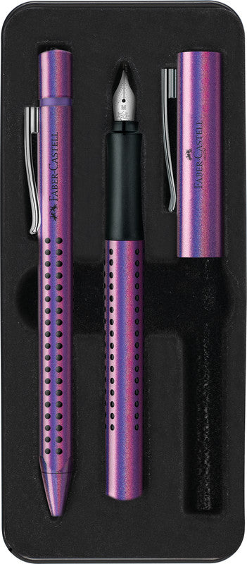 Faber-Castell Grip Edition Glam Schreibset – Kugelschreiber XB & Füllfederhalter M – Blau – Metalletui – 2-teilig