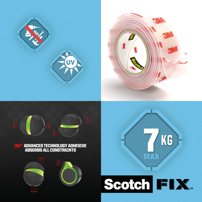 Scotch Montageband Fix, stark, für den Innenbereich, für glatte Oberflächen – 19 mm × 1,5 m, transparent, bis 1 kg/20 cm