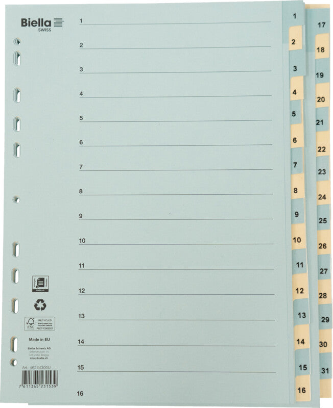 Biella Register – Vollformat, 31-teilig, Karton, mehrfarbig, vorgedruckt, verstärkte Tabs, 11-fach-Lochung, für A4