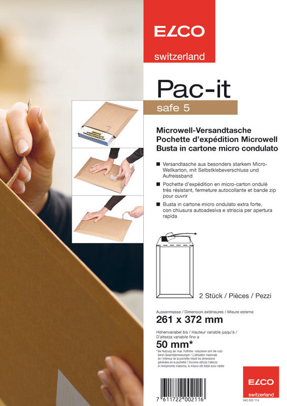 Elco Pac-It Karton-Versandtasche – 261 × 372 mm, selbstklebend, mit Aufreissband – 2 Stk.