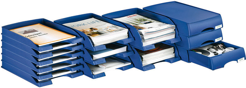 Leitz Stapelbarer Briefkorb mit Griffausschnitt, Beschriftungsfeld, matt, blau, B 255 × H 70 × T 357 mm