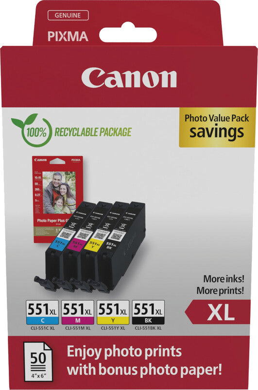Canon Tintenpatronen-Multipack CLI-551XL Photo Cube, 4er-Pack, mit Fotopapier (50 Blatt) – für Inkjetdrucker