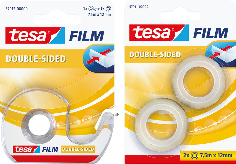 TESA Doppelseitiges Klebeband – permanent, Kunststoff, 12 mm × 7,5 m, transparent, Kern Ø 26 mm, 2 Rollen