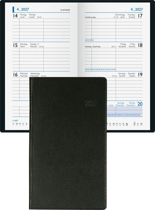 Biella Budget Agenda – 1 Woche/2 Seiten, gebunden, 8,7 × 15,3 cm, 2026, schwarz, FSC