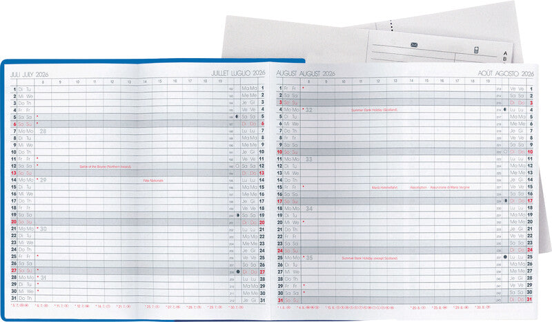 Biella Planer Berlin Agenda – 6 Monate/1 Seite, geheftet, 8,7 × 15,3 cm, Jan–Dez 2026, mehrsprachig, blau, FSC