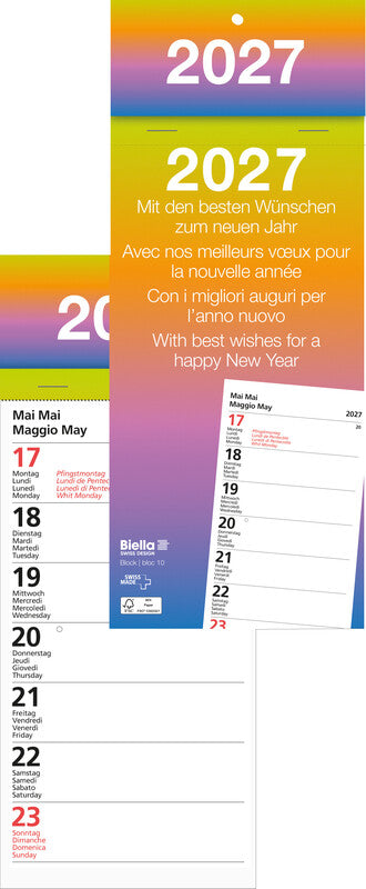 Biella Abreisskalender 1 Woche pro Blatt Block 10 – viersprachig d/f/i/gb – 2027 – 10,5 × 21 cm