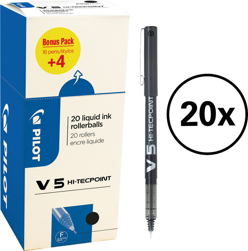 Pilot Hi-Tecpoint V5 – Tintenroller-Set, mit Kappe, 0,3 mm, Schwarz, 20er Pack