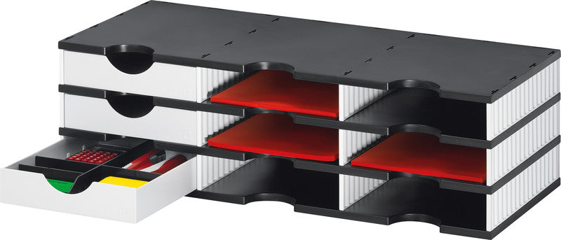 Styro Briefkorb – für C4, 9 Fächer, stapelbar, mit Griffausschnitt, weiss/schwarz, B 723 × H 223 × T 331 mm