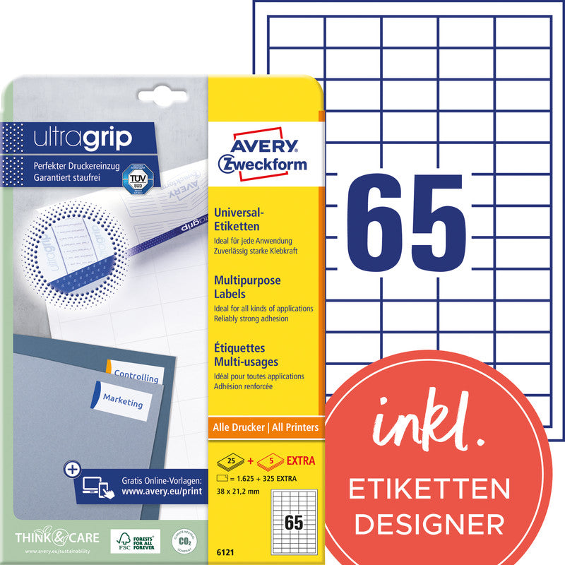 Avery 6121 – Etiketten A4 38 × 21,2 mm – Papier, weiss – permanent haftend – 65 pro Blatt, 30 Blätter (1'950 Stk.)
