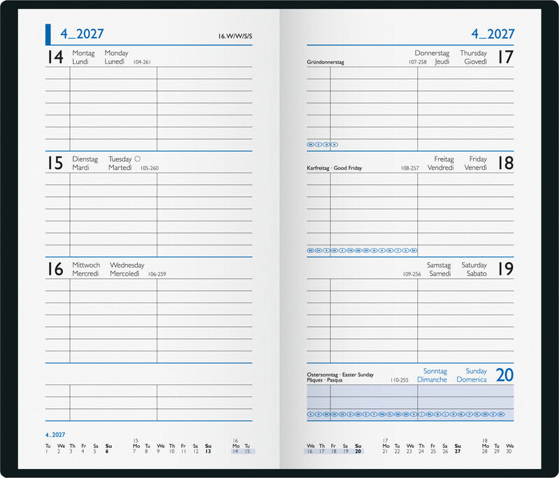 Biella Budget Agenda – 1 Woche/2 Seiten, gebunden, 8,7 × 15,3 cm, 2026, schwarz, FSC